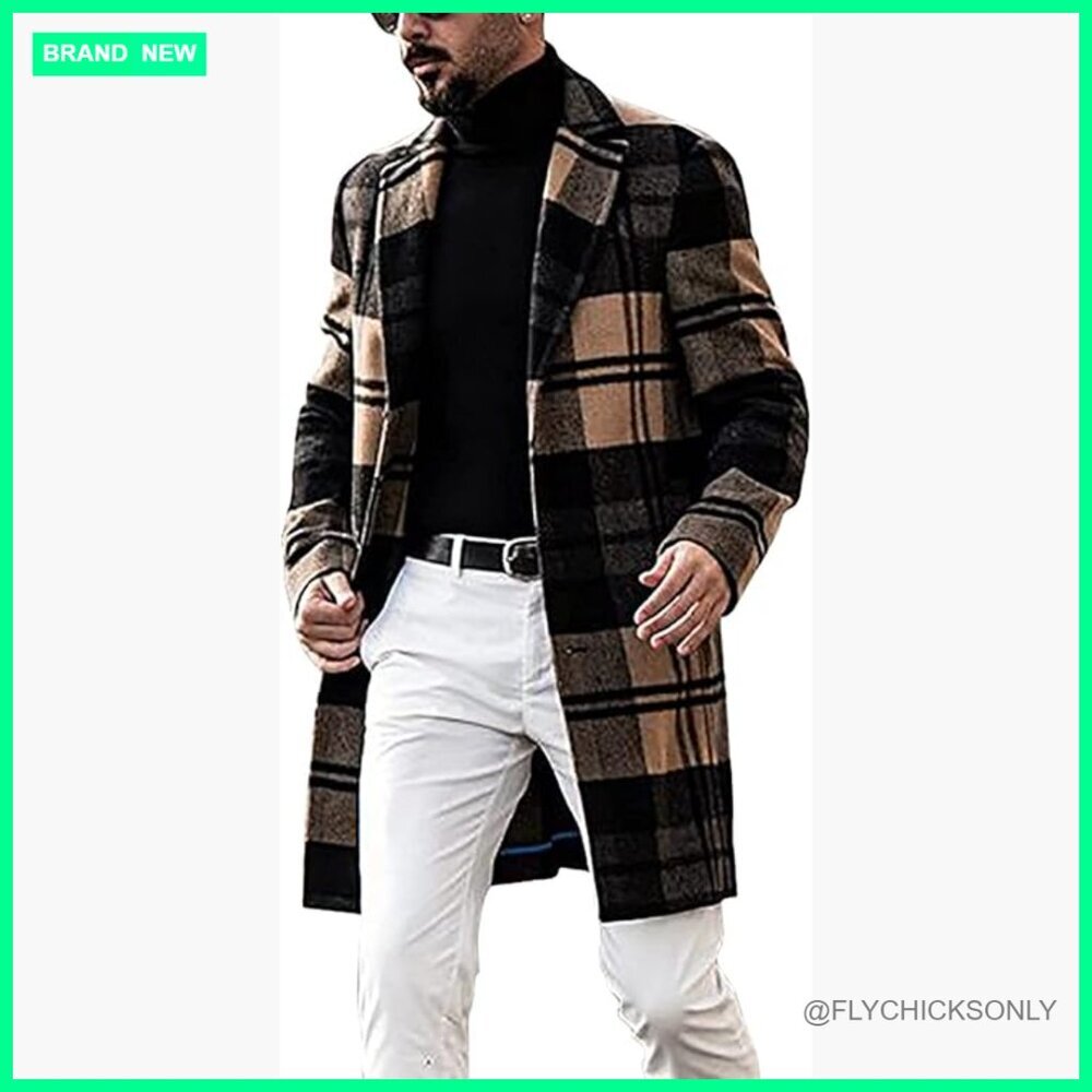 Men's Wool Blend Trench Coat with Notched Collar and Plaid Pattern